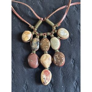 Boho Leather Wrapped Jasper Stone Pendant Necklace Artisan Natural Earthy Rustic